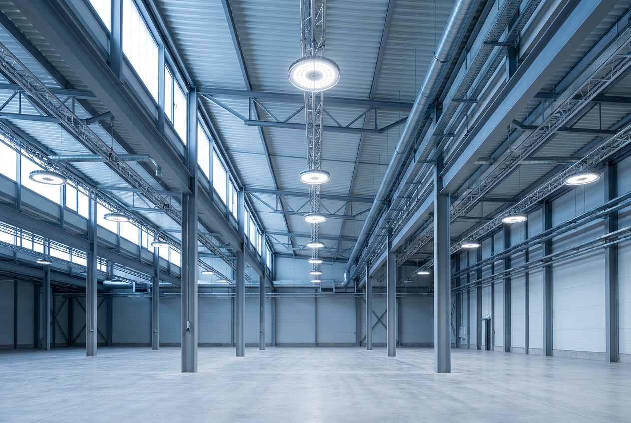 Industriehalle mit moderner LED-Hallenbeleuchtung