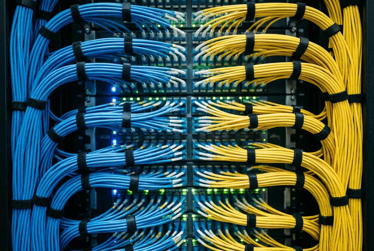 Sauber gebündelte Netzwerkverkabelung an einem Patchfeld