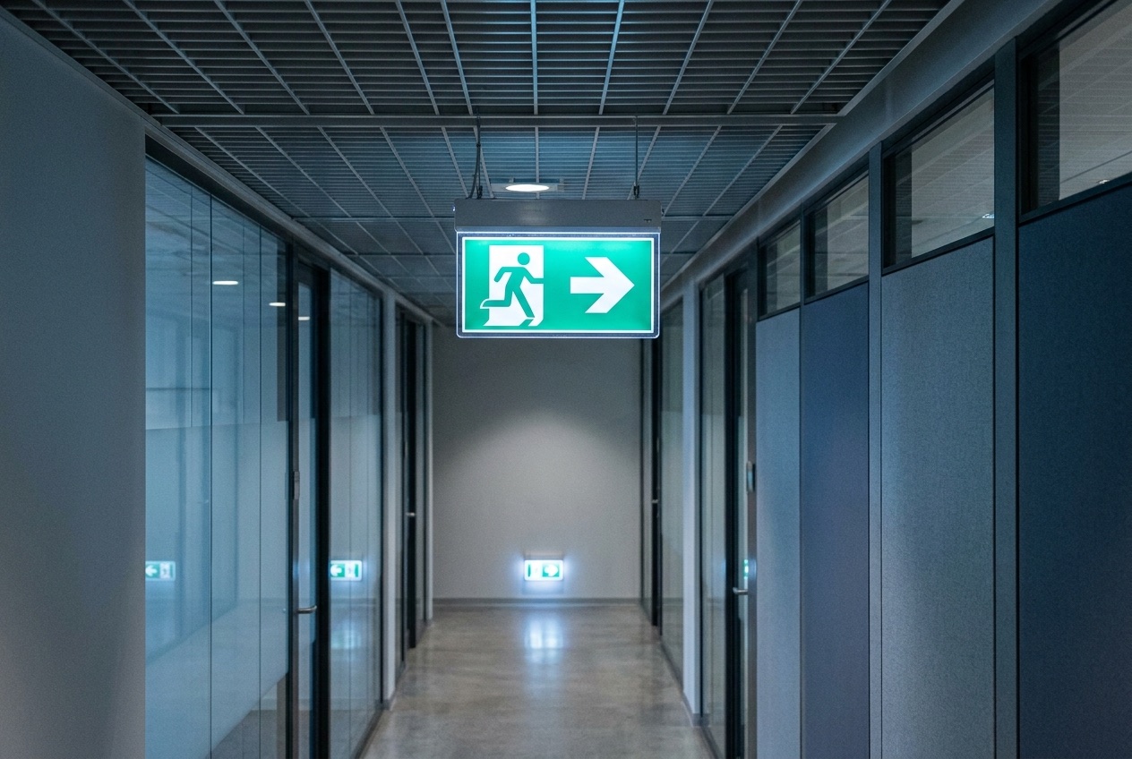 Rettungszeichenleuchte in einem Flur — Sicherheitsbeleuchtung
